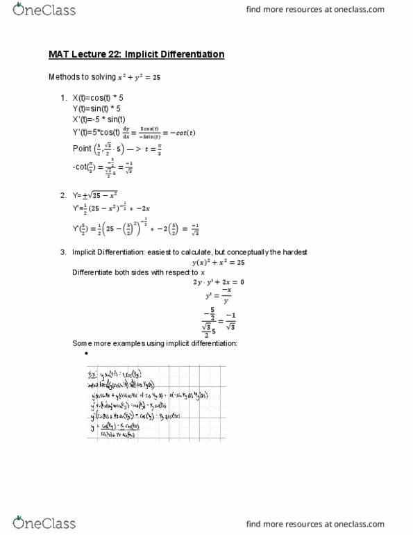 MAT 125 Lecture Notes - Lecture 22: Implicit Function cover image