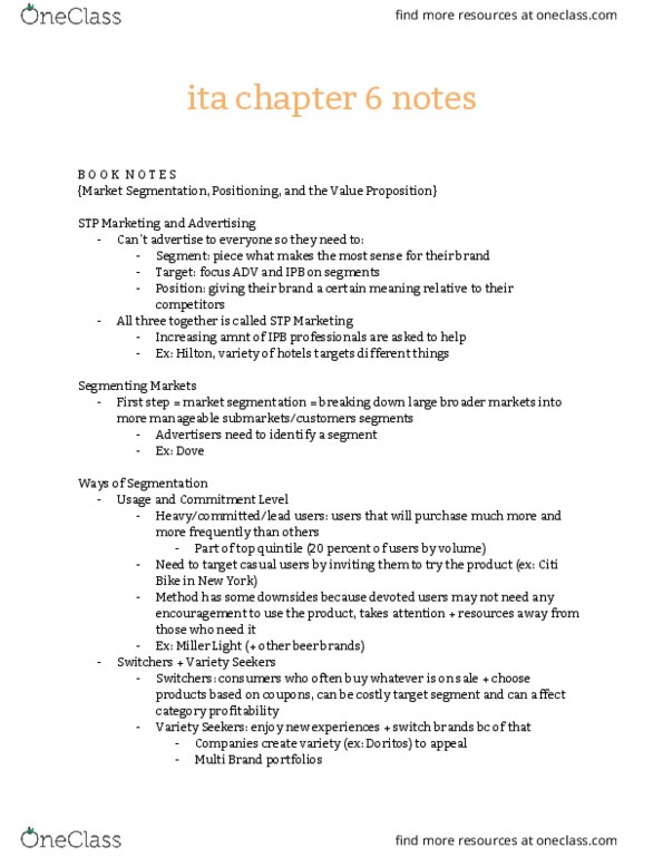 ADV 318J Chapter Notes - Chapter 6: Citi Bike, Doritos, Market Segmentation thumbnail