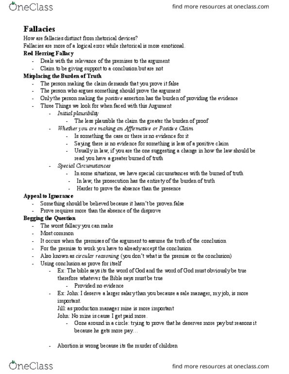 PHI 1101 Lecture Notes - Lecture 11: Special Circumstances, Fallacy, Begging thumbnail