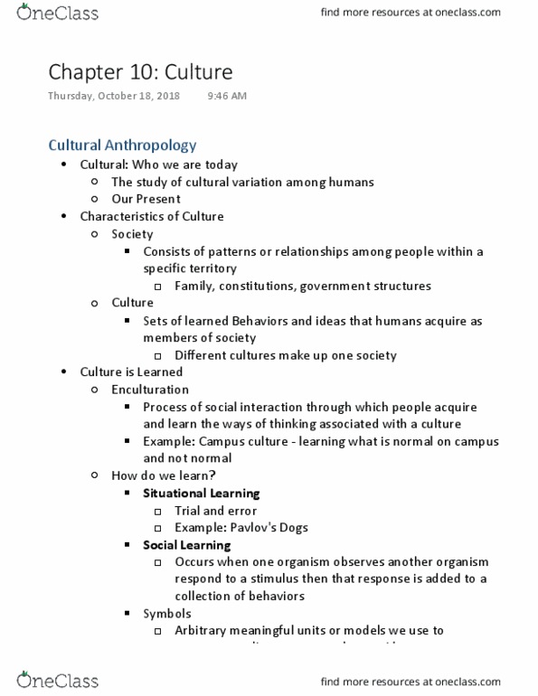 SOCA 105 Lecture Notes - Lecture 10: Enculturation, Multiple Choice, Cultural Diversity thumbnail