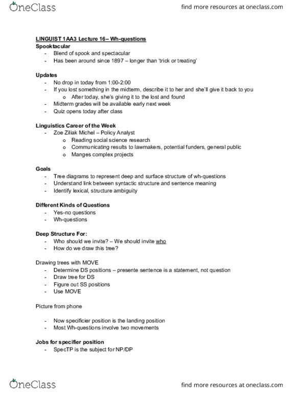 LINGUIST 1AA3 Lecture Notes - Lecture 17: Deep Structure And Surface Structure, Move thumbnail