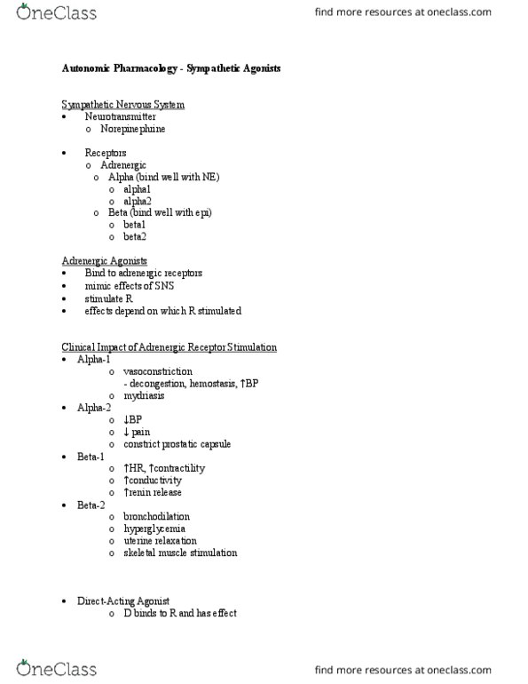 NURS 3550H Lecture Notes - Lecture 12: Mydriasis, Adrenergic, Hemostasis thumbnail
