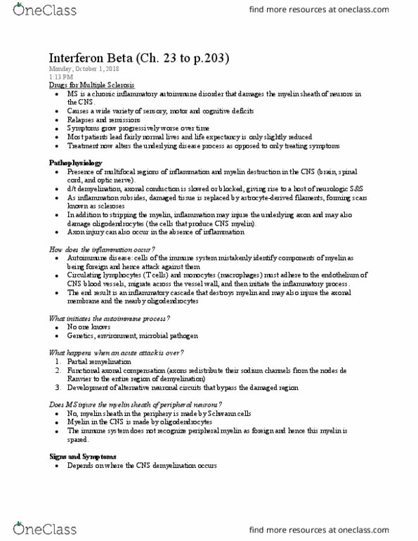 NURS 3550H Lecture Notes - Lecture 6: Interferon Type I, Myelin, Autoimmune Disease thumbnail