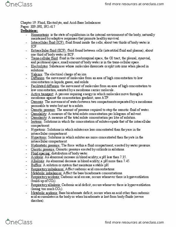 NURS 3000H Lecture Notes - Lecture 11: Hypocalcaemia, Extracellular Fluid, Edema thumbnail