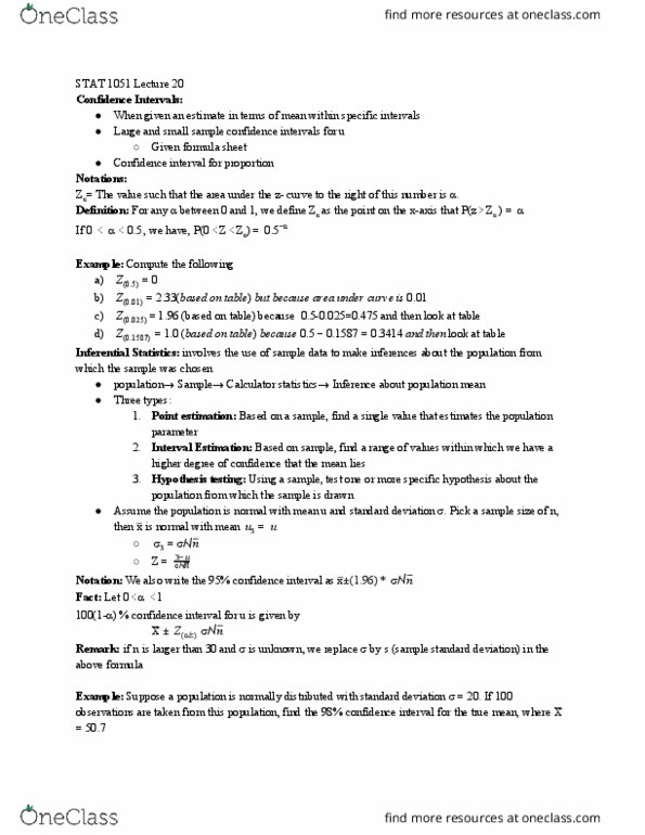 STAT 1051 Lecture Notes - Lecture 20: Confidence Interval, Statistical Parameter, Point Estimation thumbnail