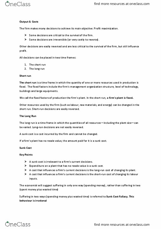 ECON101 Lecture Notes - Lecture 11: Sunk Costs, Fixed Cost, Profit Maximization thumbnail