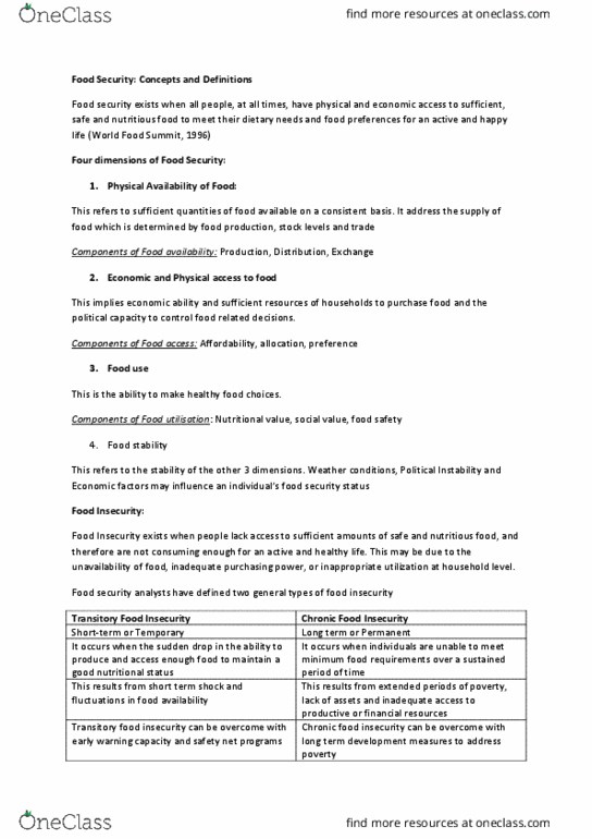 INDEV100 Lecture Notes - Lecture 4: World Food Summit, Food Security, Malnutrition thumbnail