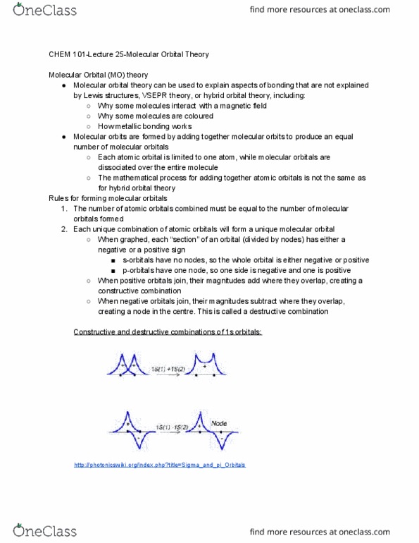 CHEM 101 Lecture Notes - Lecture 25: Molecular Orbital Theory, Orbital Hybridisation, Atomic Orbital thumbnail