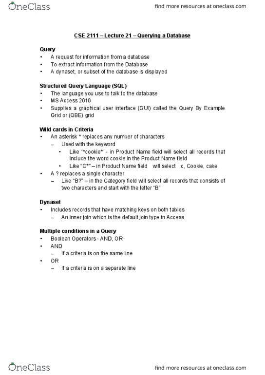 CSE 2111 Lecture Notes - Lecture 21: Sql, Graphical User Interface cover image