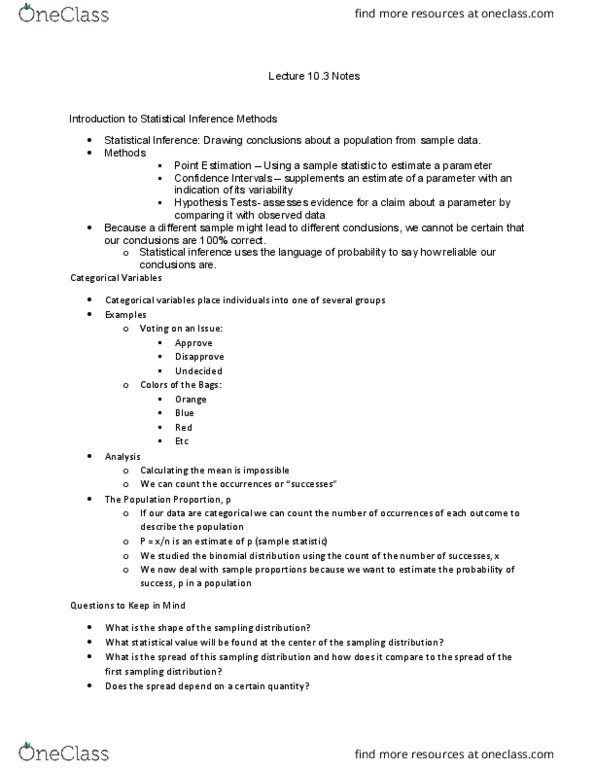 STAT 3615 Lecture Notes - Lecture 25: Statistical Inference, Binomial Distribution, Statistic thumbnail