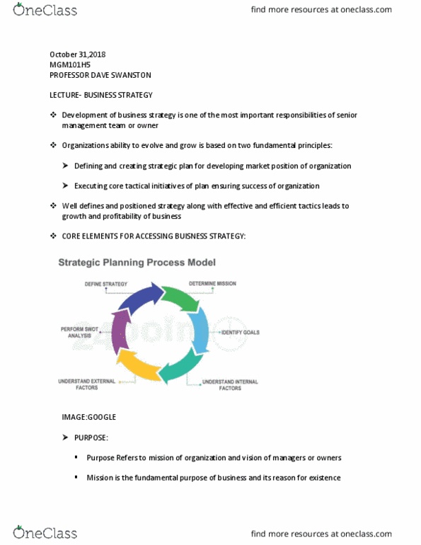 MGM101H5 Lecture Notes - Lecture 8: Pest Analysis, Vision Statement, Swot Analysis cover image