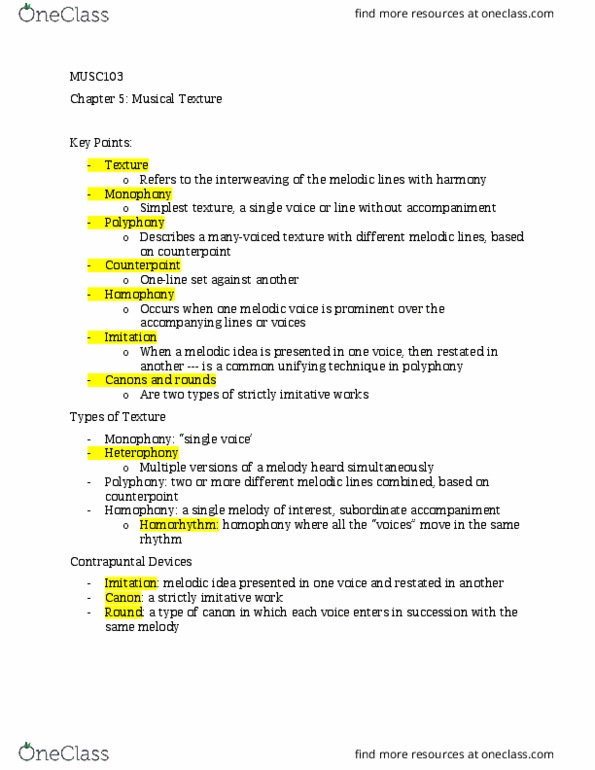 MUSC103 Lecture Notes - Lecture 4: Monophony, Homorhythm, Counterpoint thumbnail