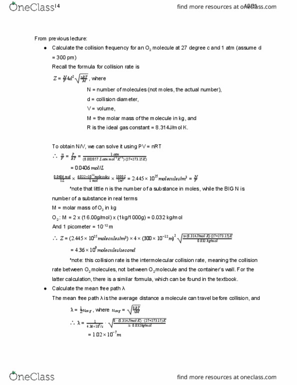 CHEM 1A Lecture Notes - Lecture 14: Gas Constant, Collision Frequency, Molar Mass cover image