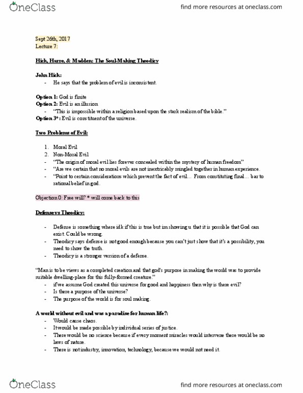 PHLA10H3 Lecture Notes - Lecture 7: Moral Evil, Theodicy, Personal Development thumbnail