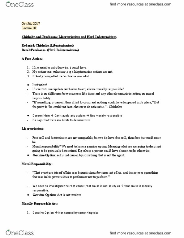 PHLA10H3 Lecture Notes - Lecture 10: Kleptomania, Moral Responsibility, Indeterminism thumbnail