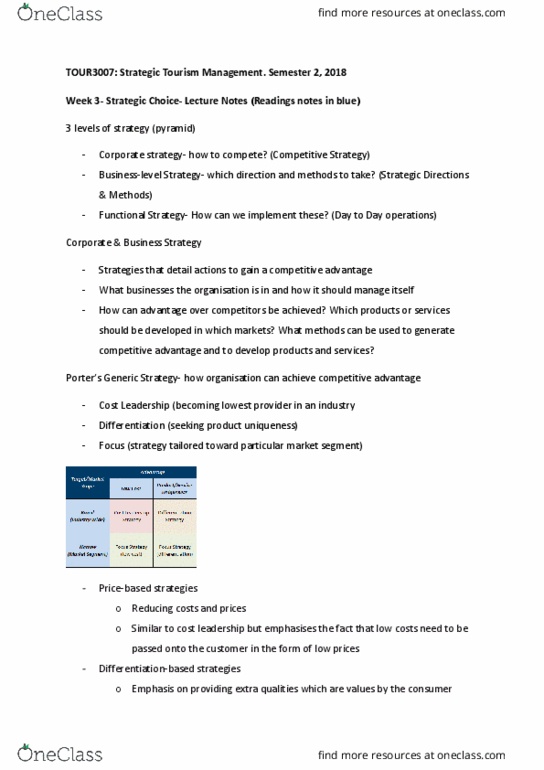 TOUR3007 Lecture Notes - Lecture 3: Cost Leadership, Strategic Choice, Horizontal Integration thumbnail