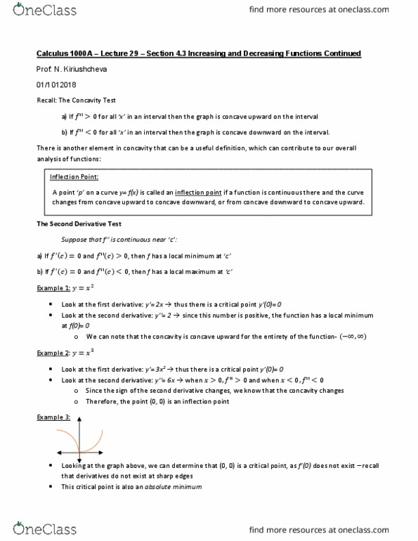 Calculus 1000A/B Lecture Notes - Lecture 29: Inflection Point, Maxima And Minima, Inflection cover image