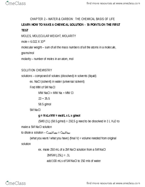 BIOL2000 Chapter Notes - Chapter 2: Formaldehyde, Acetaldehyde, Ribose thumbnail