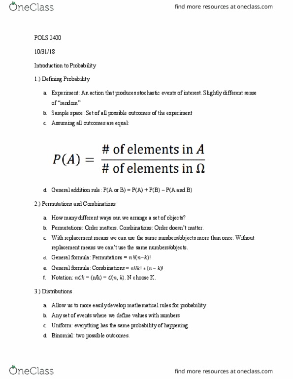 POLS 2400 Lecture Notes - Lecture 12: Binomial Coefficient, Sample Space, Probability Density Function thumbnail