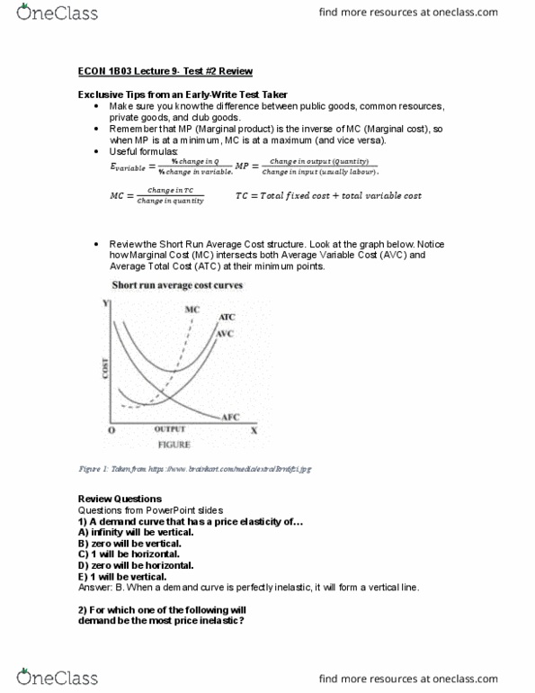 ECON 1B03 Lecture Notes - Lecture 9: Average Variable Cost, Club Good, Price Elasticity Of Demand cover image