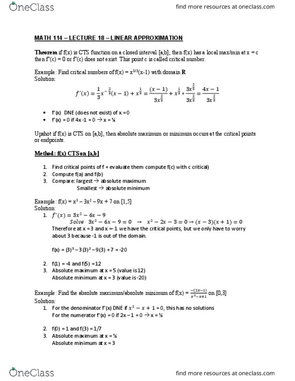 MATH114 Lecture Notes - Lecture 18: Minimax, Lincoln Near-Earth Asteroid Research, Mean Value Theorem cover image