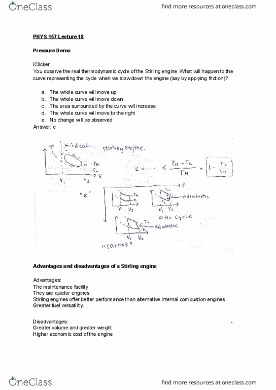 PHYS 157 Lecture Notes - Lecture 18: Stirling Engine, Thermodynamic Cycle, Internal Combustion Engine cover image