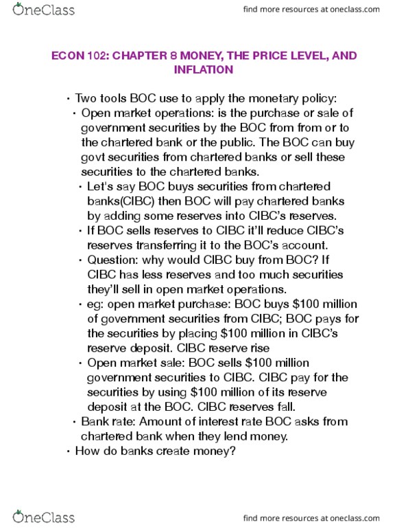 ECON102 Lecture Notes - Lecture 8: Open Market Operation, Canadian Imperial Bank Of Commerce, Bell System thumbnail