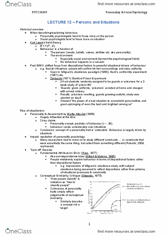 PSYC20009 Lecture Notes - Lecture 12: Stanford Prison Experiment, Walter Mischel, Fundamental Attribution Error thumbnail