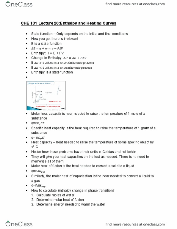 CHE 131 Lecture Notes - Lecture 20: Heat Capacity, State Function, Enthalpy cover image