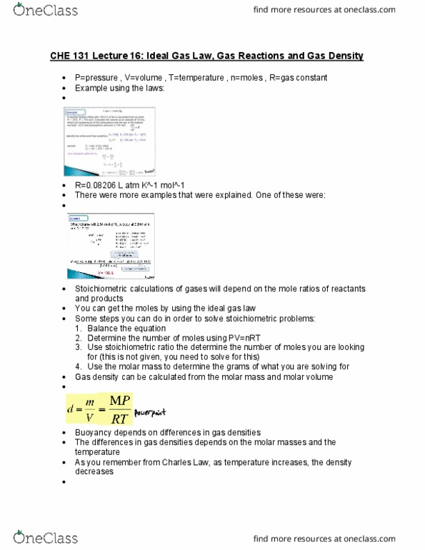 CHE 131 Lecture Notes - Lecture 16: Ideal Gas Law, Molar Volume, Molar Mass thumbnail