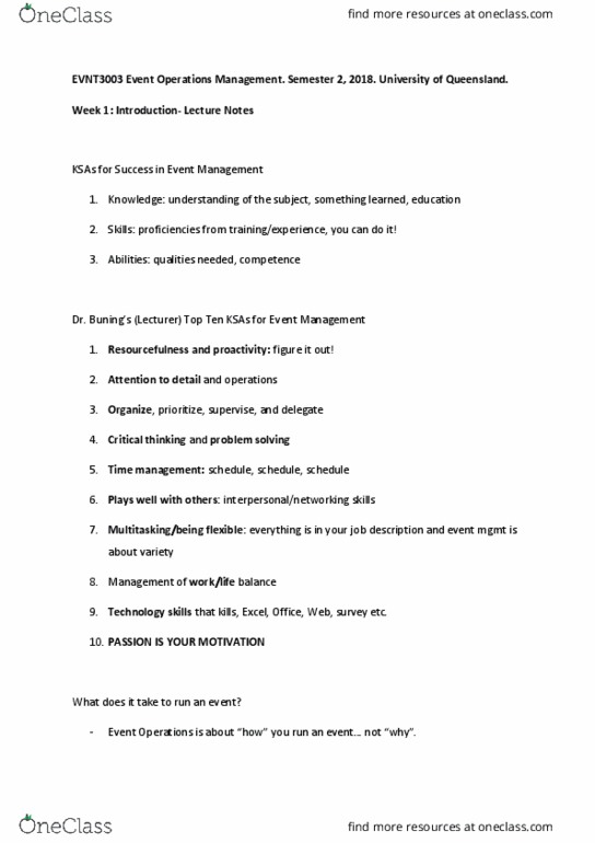 EVNT3003 Lecture Notes - Lecture 1: Operations Management, Time Management, Proactivity thumbnail