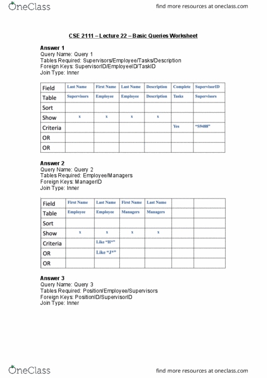 CSE 2111 Lecture 22: CSE 2111 – Lecture 22 – Basic Queries Worksheet cover image