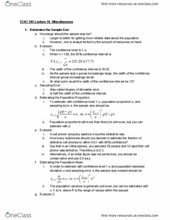 01:960:285 Lecture Notes - Lecture 18: Confidence Interval, Sample Size Determination cover image