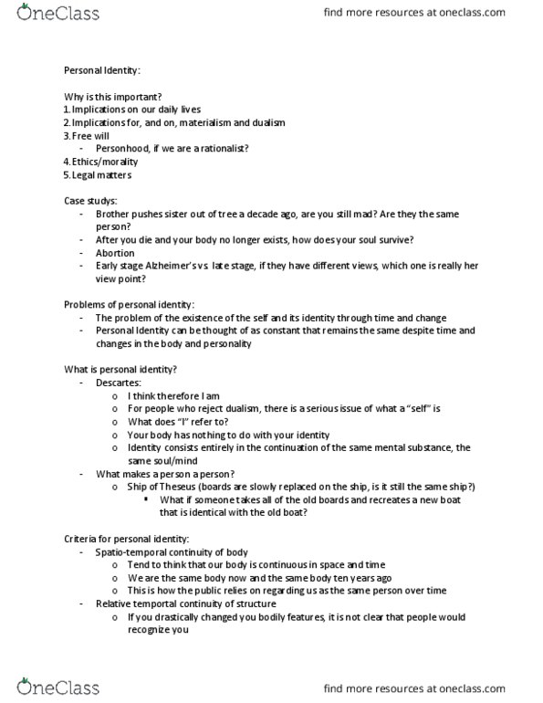 PHIL 2501 Lecture Notes - Lecture 7: Mental Substance, Spacetime, Psychogenic Amnesia thumbnail