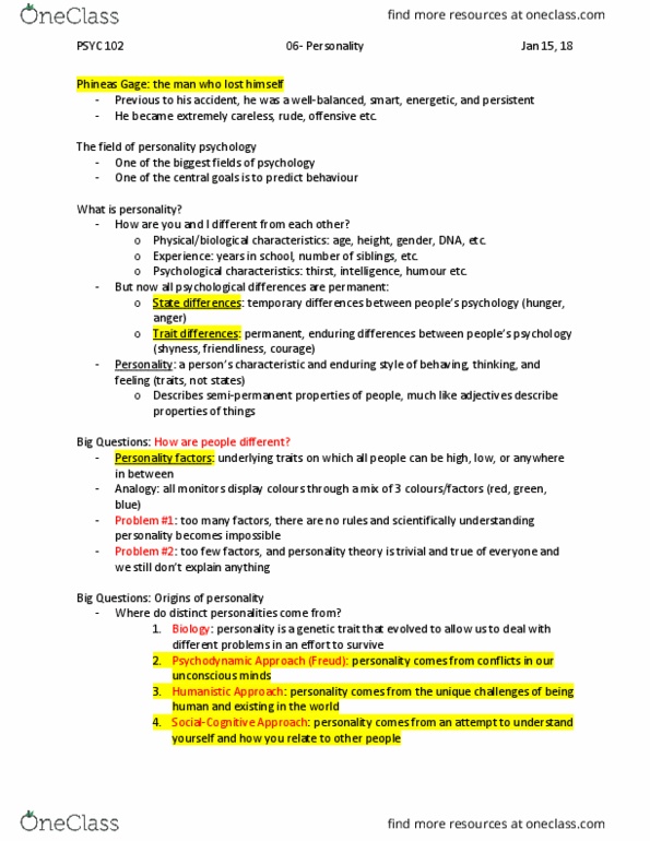 PSYC 1115 Lecture Notes - Lecture 2: Phineas Gage, Personality Psychology, Canoe.Com thumbnail