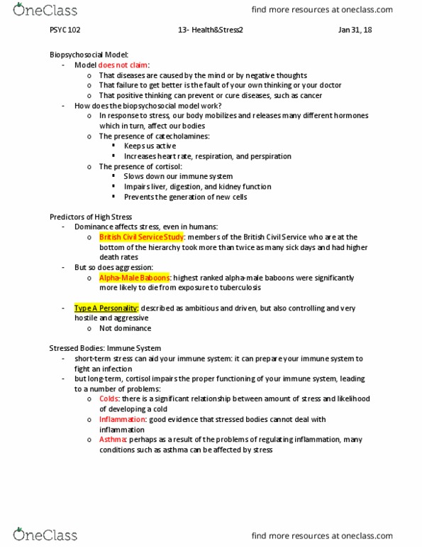 PSYC 1115 Lecture Notes - Lecture 5: Biopsychosocial Model, Immune System, Type A And Type B Personality Theory thumbnail