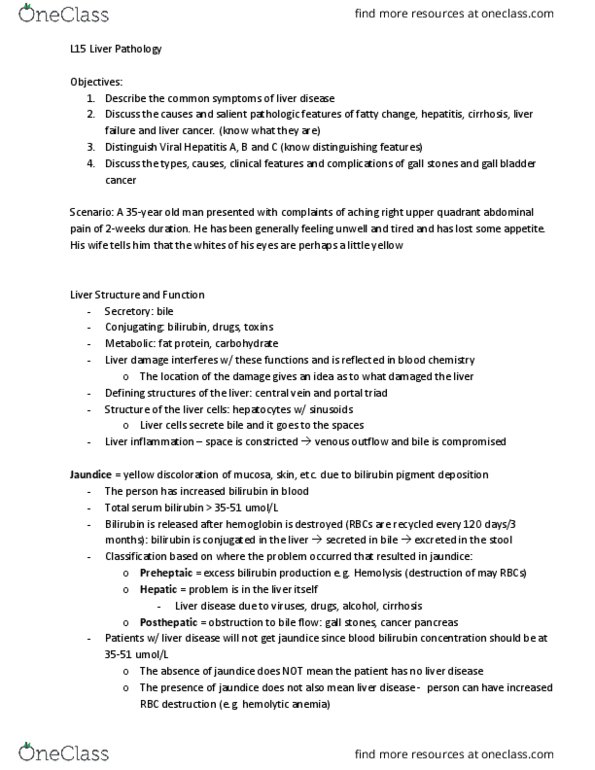 PATH 205.3 Lecture Notes - Lecture 15: Gallbladder Cancer, Dna Virus, Bilirubin thumbnail