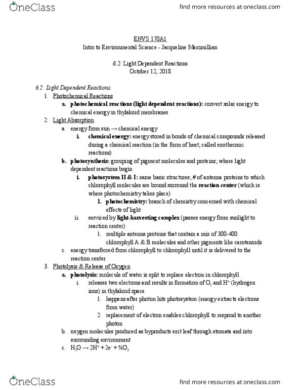 ENVS 170A1 Chapter Notes - Chapter 6: Photodissociation, Photosynthetic Reaction Centre, Chlorophyll thumbnail
