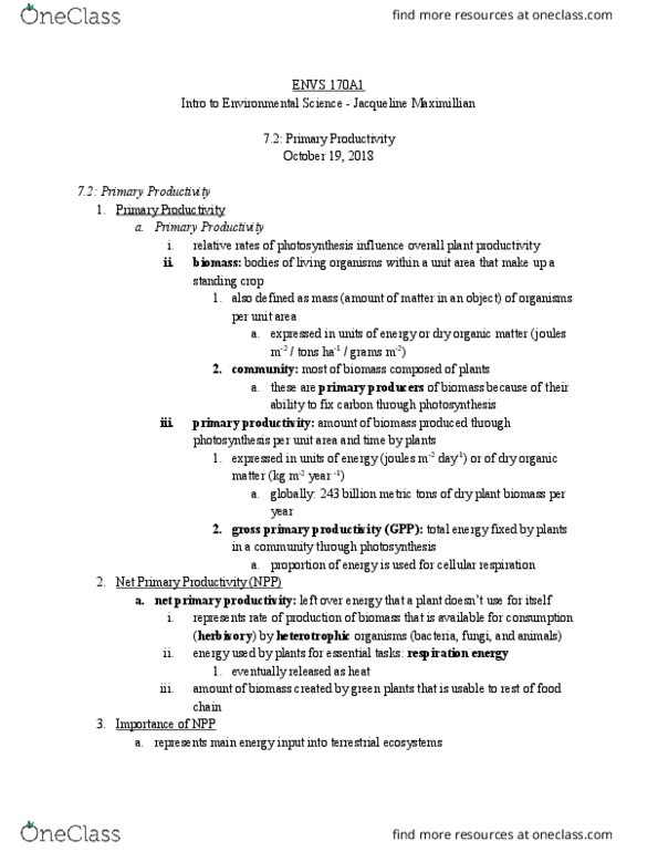 ENVS 170A1 Chapter Notes - Chapter 7: Primary Production, Ecosystem Services, Carbon Cycle thumbnail