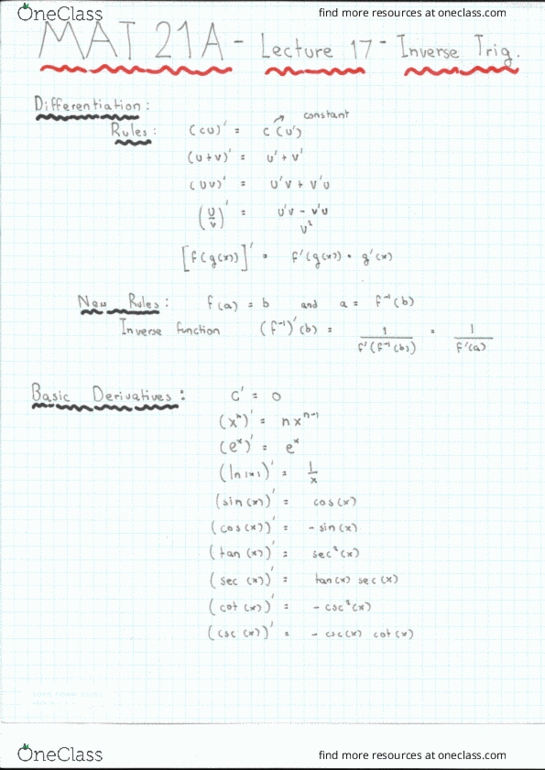 MAT 21A Lecture Notes - Lecture 17: Inverse Trigonometric Functions cover image