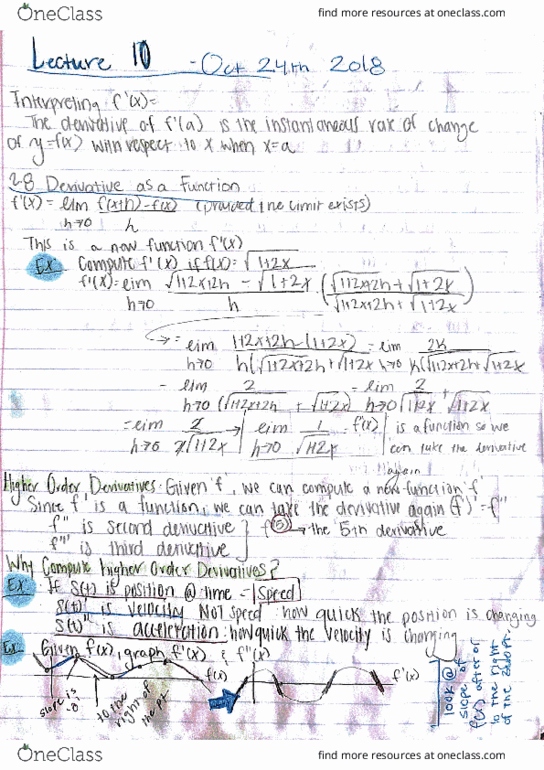 MATH 2A Lecture 10: 44080-Math 2A Lecture 10 Notes-Derivatives as a Function cover image