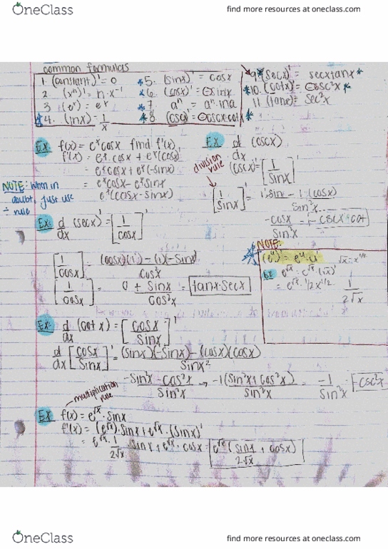 MATH 2A Lecture 13: 44080-Math 2A Lecture 13 Notes-Formulas for Derivatives cover image