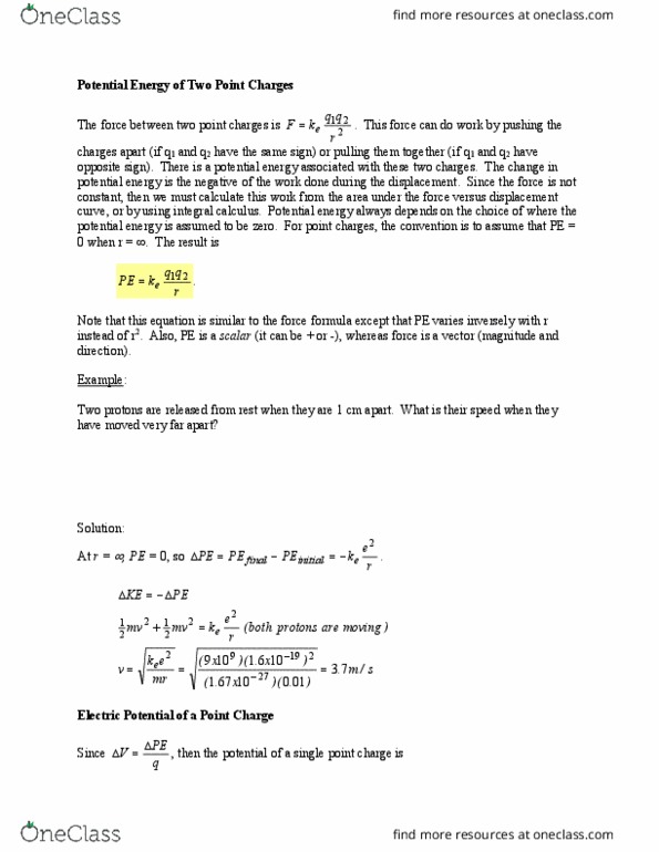 PH 102 Lecture Notes - Lecture 5: Potential Energy, Electric Potential, Electric Field thumbnail