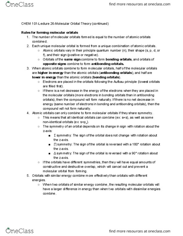 CHEM 101 Lecture Notes - Lecture 26: Molecular Orbital Theory, Principal Quantum Number, Atomic Orbital thumbnail