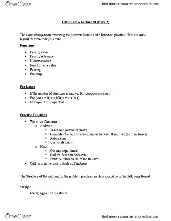 CMSC 122 Lecture Notes - Lecture 30: For Loop cover image