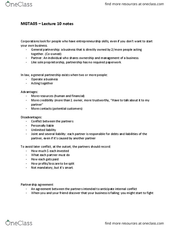 MGTA05H3 Lecture Notes - Lecture 10: Sole Proprietorship, Limited Liability, General Partnership thumbnail