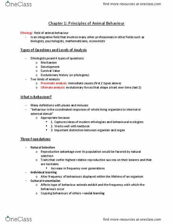 PNB 2XC3 Chapter Notes - Chapter 1: Cultural Learning, Ethology, Inclusive Fitness thumbnail