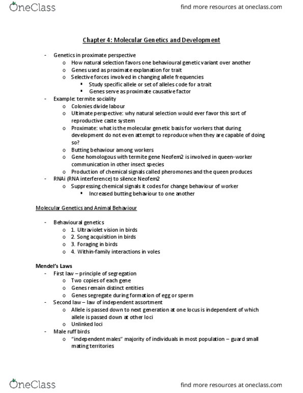 PNB 2XC3 Chapter Notes - Chapter 4: Allele Frequency, Mendelian Inheritance, Behavioural Genetics thumbnail