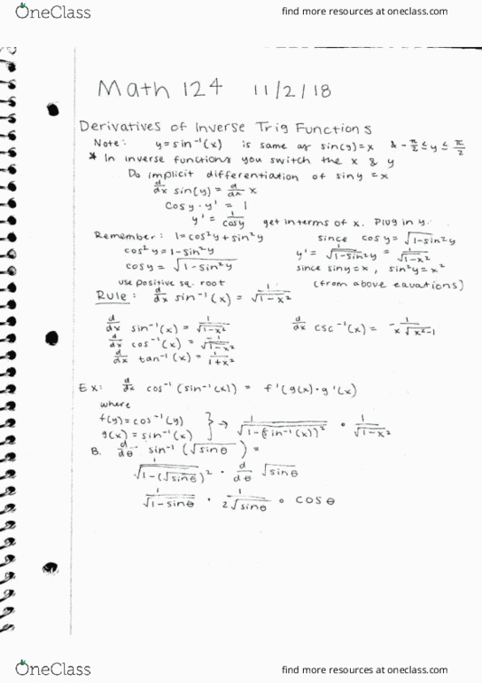 MATH 124 Lecture 17: Derivatives of Inverse Trig Functions cover image