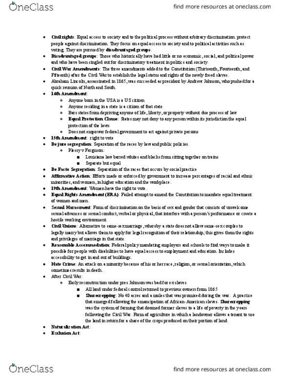 PSC 113 Chapter Notes - Chapter 5: Equal Protection Clause, Fourteenth Amendment To The United States Constitution, De Jure thumbnail